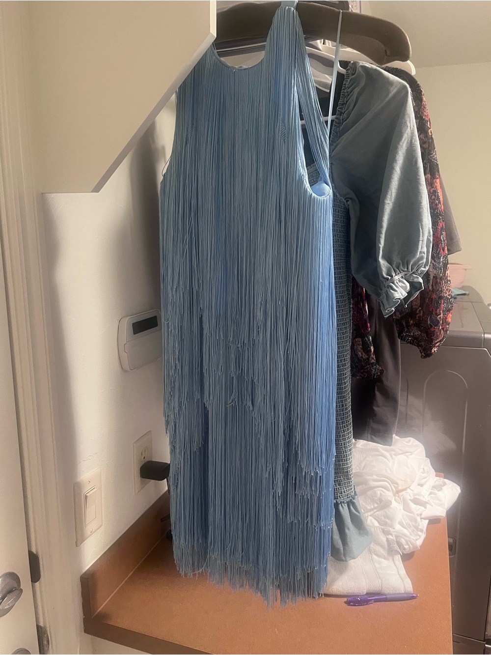 1920s Flapper or 1970s Disco Vici Blue Backless Fringe Dress